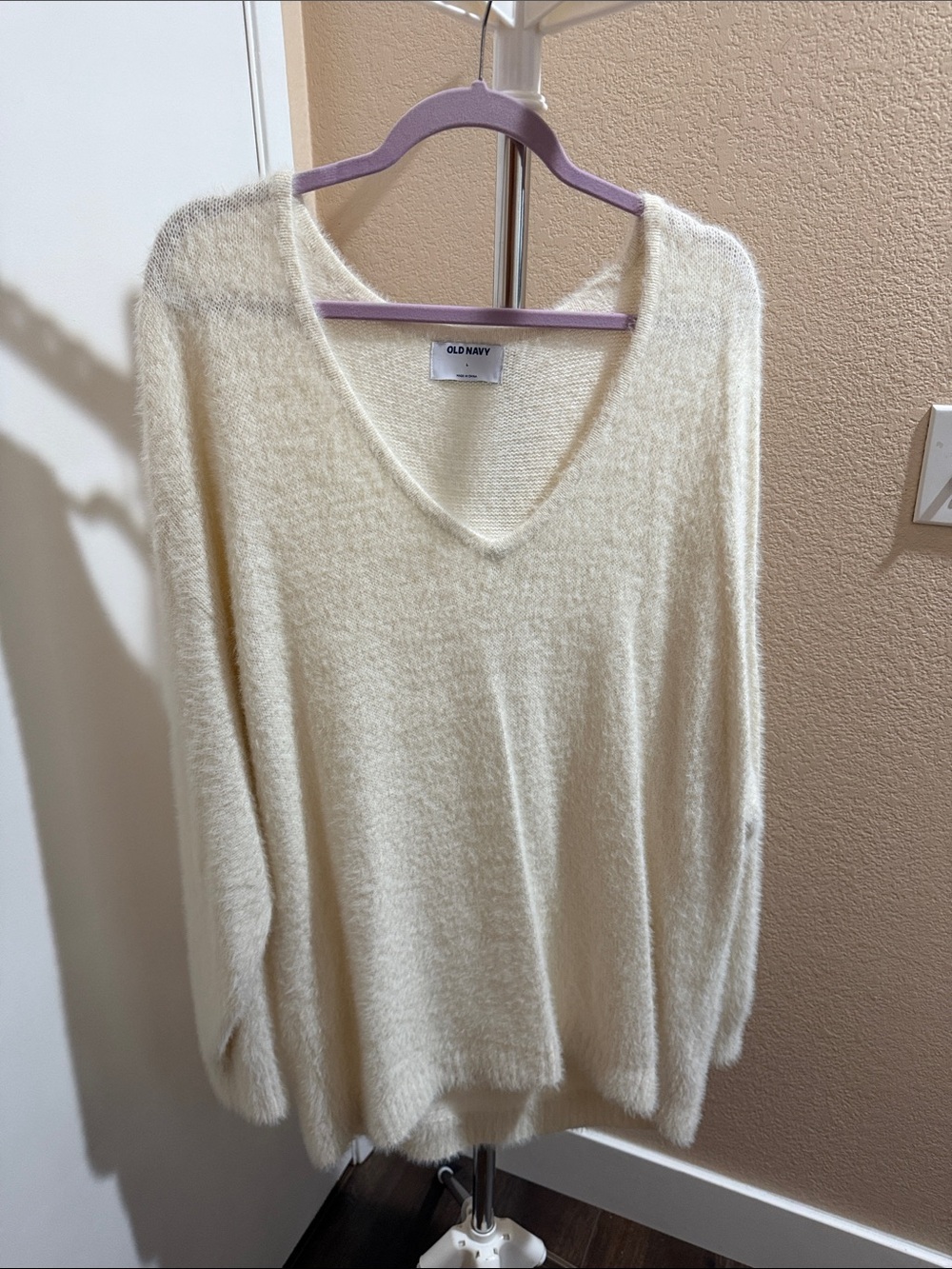 Old Navy Cream V-Neck Fuzzy Sweater